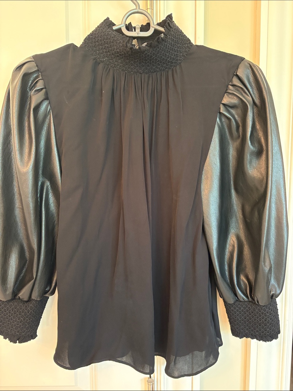 Alice + Olivia Black Puff-Sleeve Smocked-Neck Blouse